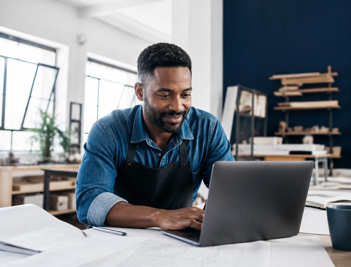 Small business owner reviewing finances in his workshop