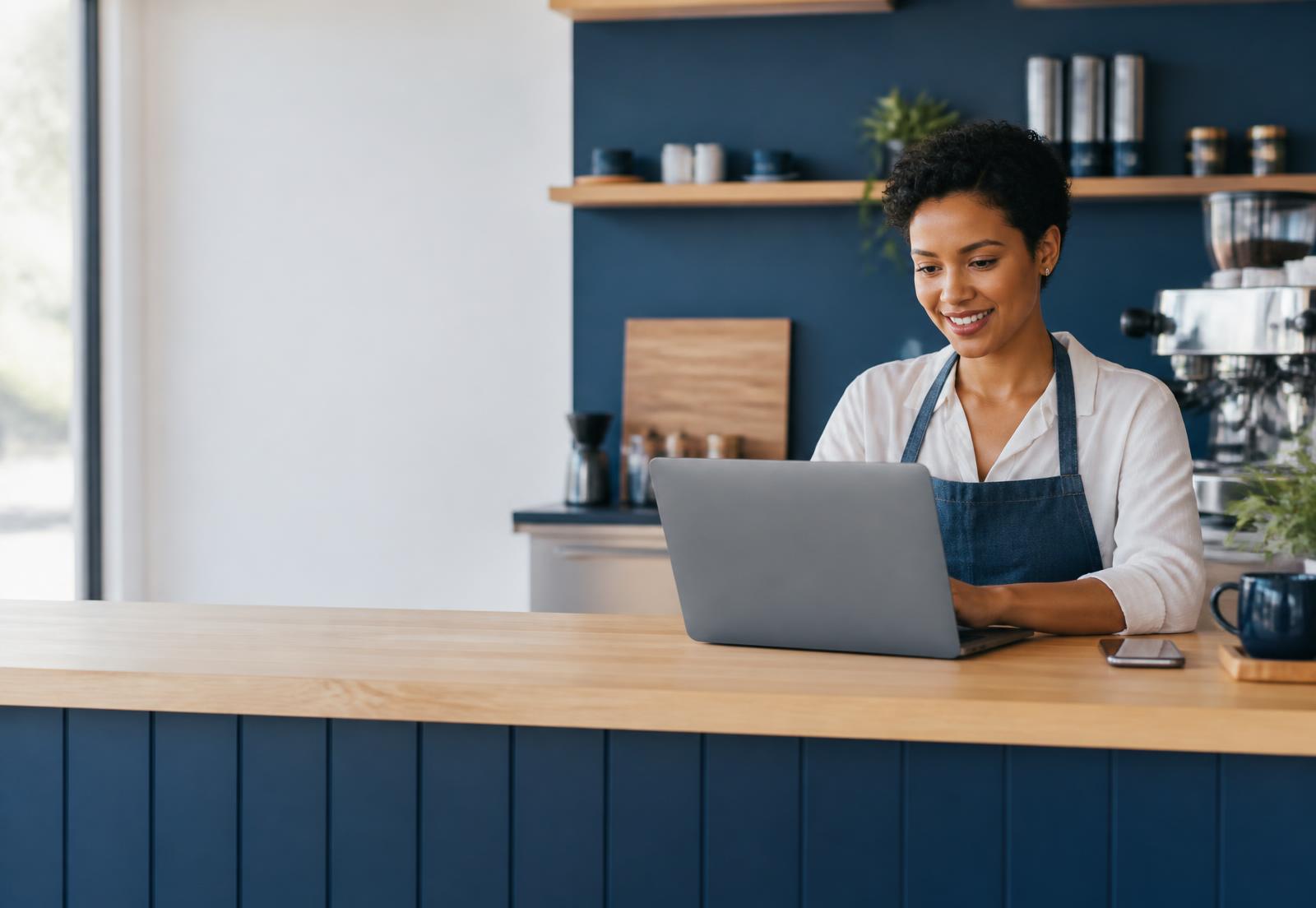 Small business owner managing her finances at a neighborhood café